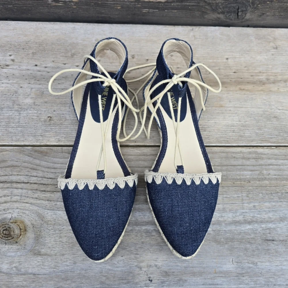 Nine West NEW Unah Coastal Mediterranean Denim Pointy Toe Flat Sandal 6.5M